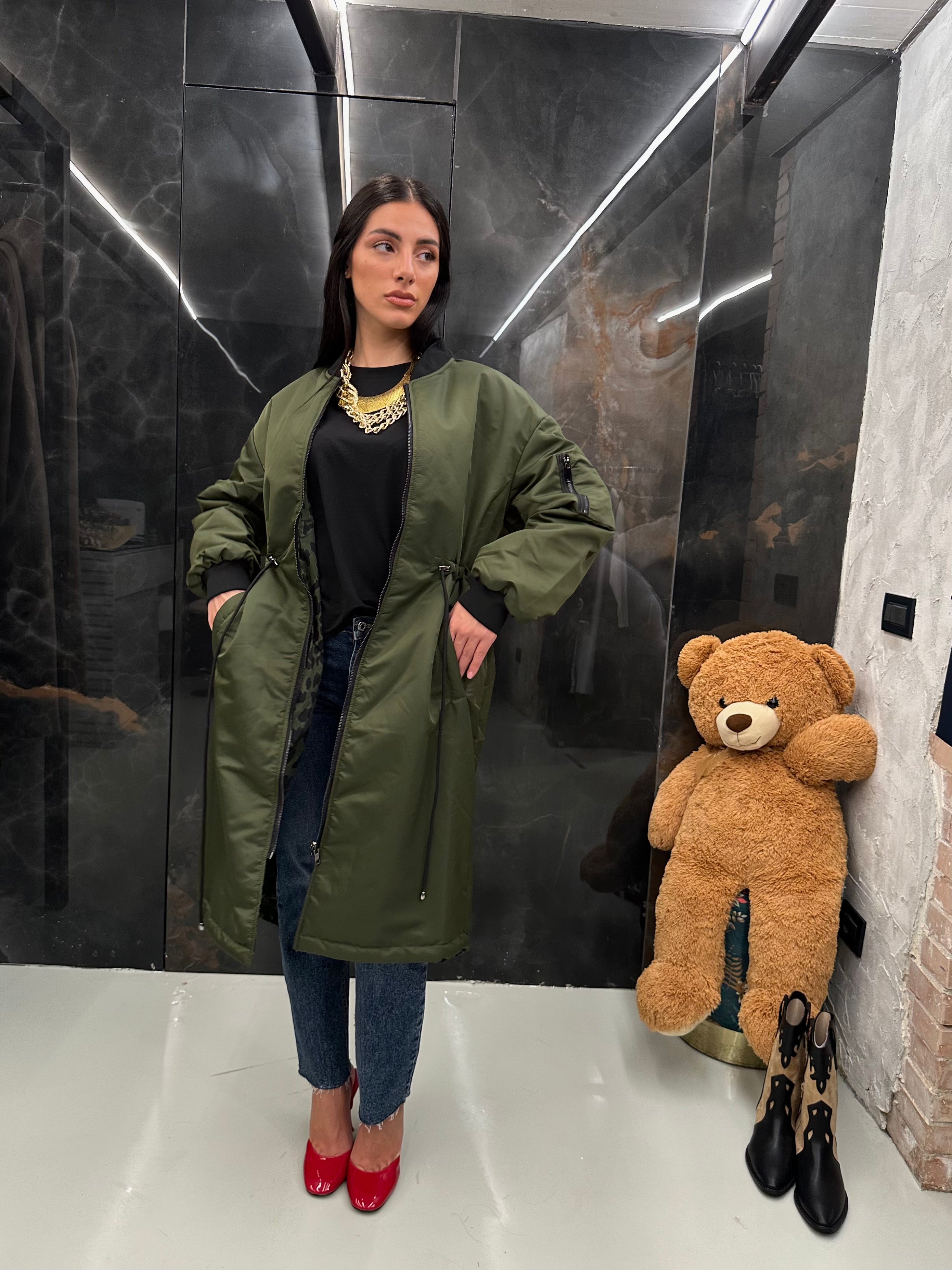 Piumino lungo double face verde militare - THE SECRET LOFT